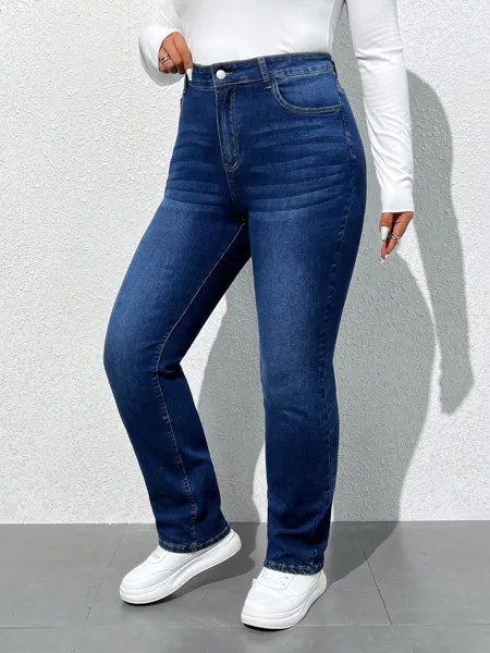 EZwear Джинсы большого размера с высокой талией, выстиранные водой Shein, тёмно-синий
