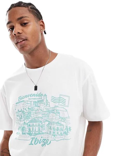 Белая футболка оверсайз Jack & Jones с принтом Ibiza на груди