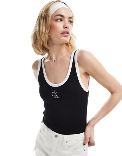 Черное боди с монограммой и ребристыми краями Calvin Klein Jeans эксклюзивно для ASOS