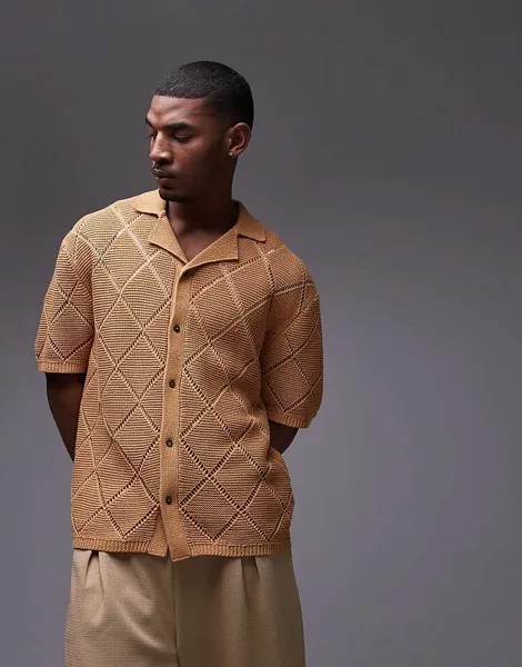 Рубашка крючком Topman – горчично-желтого цвета с ромбовидным узором и планкой на пуговицах