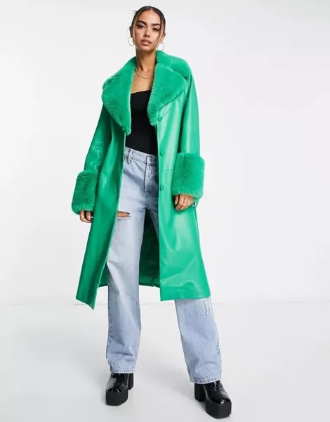 Ярко-зеленое пальто из искусственного меха с поясом Forever New