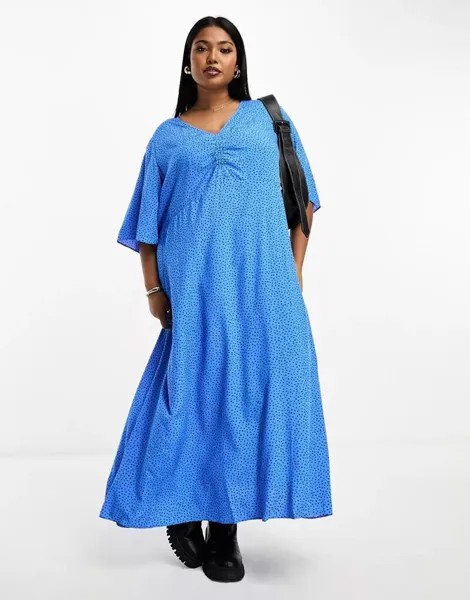 Синее платье миди Mango Curve с V-образным вырезом и мелким точечным узором