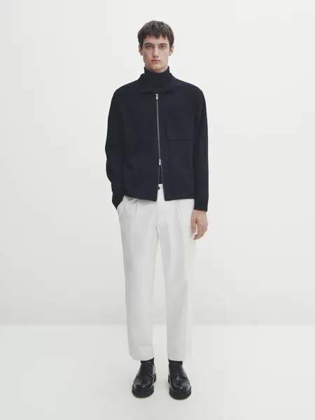 Вязаный кардиган с молнией и рубашечным воротником Massimo Dutti, синий