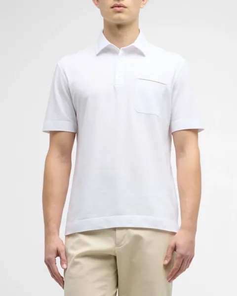 Мужская хлопковая рубашка-поло с кожаным карманом ZEGNA, цвет White Solid