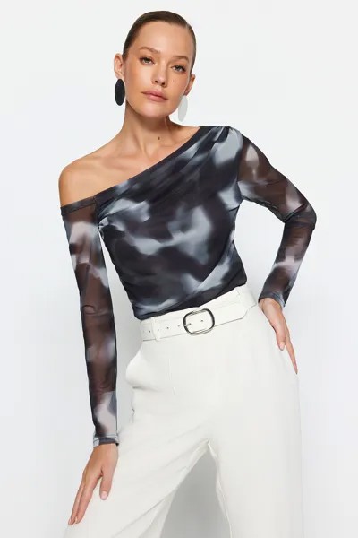 Антрацитовая блузка с асимметричным воротником на подкладке из тюля Trendyol, серый