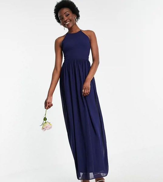 Темно-синее платье макси с американской проймой и складками TFNC Tall Bridesmaid-Темно-синий