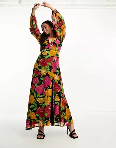Темное шифоновое платье макси с длинными рукавами Miss Selfridge с цветочным принтом