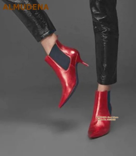 Красные матовые кожаные черные ботильоны ALMUDENA с эластичной резинкой пикантные Ботинки на каблуке 6 см с острым носком Лоскутная Классическая обувь с острым носком ботинки