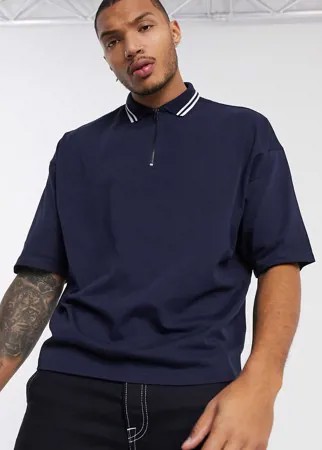 Темно-синяя футболка-поло с молнией и контрастной отделкой ASOS DESIGN-Темно-синий