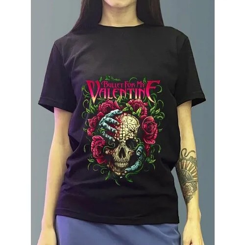 Футболка женская черная из хлопка с DTF принтом Музыка Bullet for my Valentine - 254