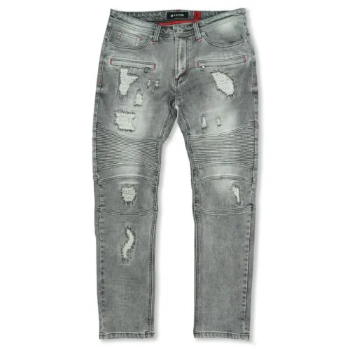 Серые байкерские джинсы Makobi Prado с потертостями и ремонтом
