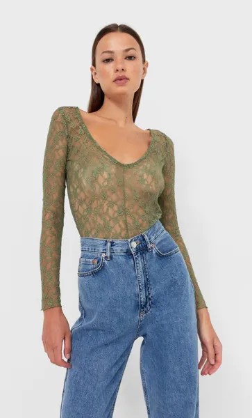 Stradivarius Боди С Кружевной Отделкой Хаки S