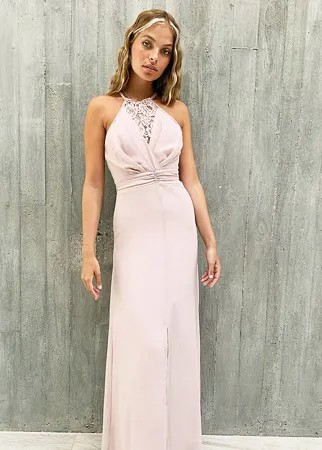 Розовое платье макси с запахом и кружевом TFNC Petite bridesmaid-Розовый цвет