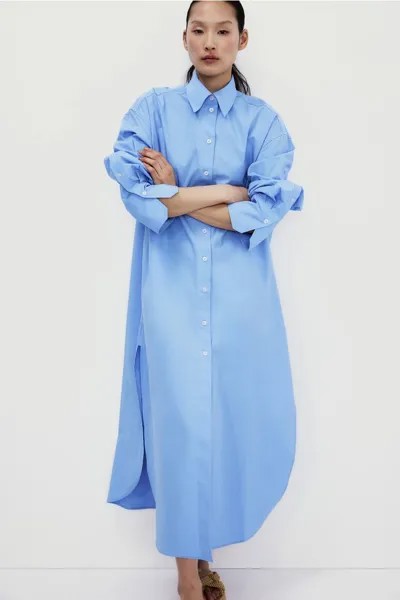 Длинное платье-блузка из хлопка H&M, синий