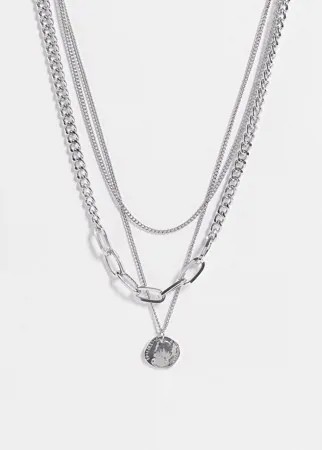 Серебристое ожерелье в несколько рядов с круглой подвеской Topshop-Серебристый