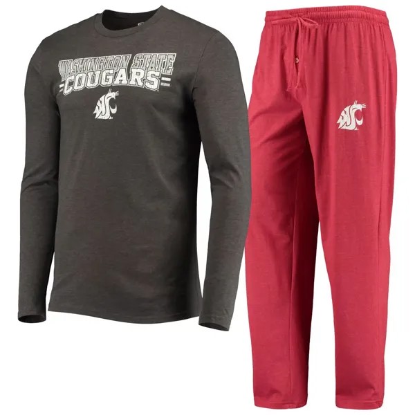 Мужская футболка Concepts Sport малинового/серебристого цвета с длинными рукавами и брюками Washington State Cougars, комплект для сна