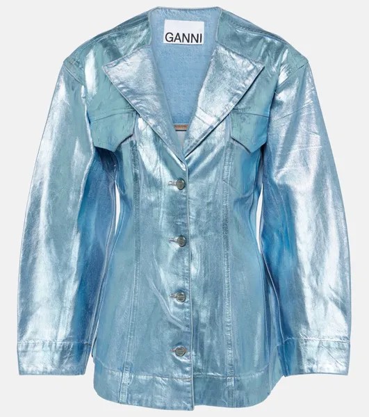 Джинсовый пиджак с эффектом металлик и фольги Ganni, синий