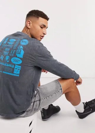 Серый лонгслив с принтом на груди и спине American Eagle