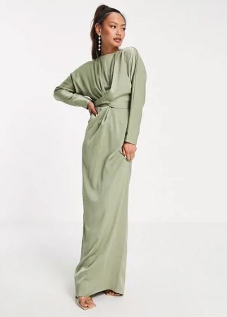 Оливковое атласное платье макси с рукавами «летучая мышь» и талией на запахе ASOS DESIGN Bridesmaid-Зеленый цвет