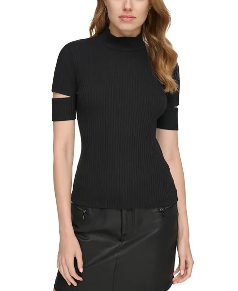 Женский топ в рубчик с воротником-стойкой и рукавами с разрезом DKNY Jeans, черный