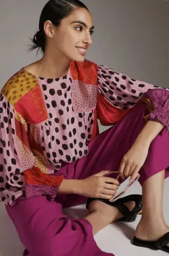 Anthropologie Bl-nk Miranda Крестьянская блузка с принтом Фиолетовый Розовый Черный Золотой M NWT