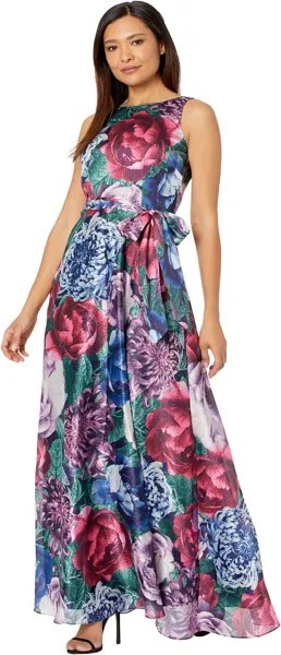 Атласное блестящее платье макси без рукавов с принтом и завязкой на талии Tahari, цвет Sage Fuchsia Floral