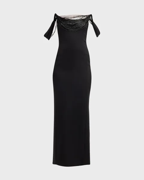 Платье-колонна с открытыми плечами и драпированным стеклярусом Oscar de la Renta