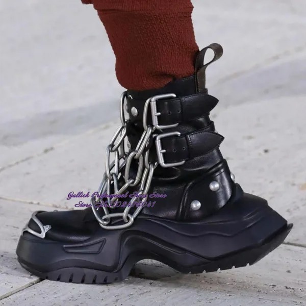 Мужские ботильоны на высокой платформе со стальным носком, серебристые байкерские ботинки с металлической цепочкой и ремешком с пряжкой, повседневная обувь унисекс со стразами