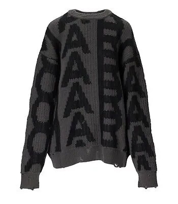 Marc Jacobs Серо-черный свитер с круглым вырезом с монограммой, унисекс