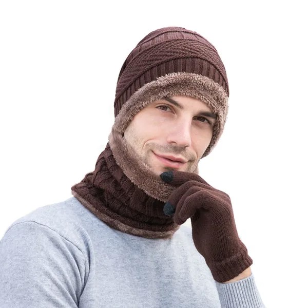 Мужская вязаная шерстяная шапка шарф перчатки комплект из трех частей