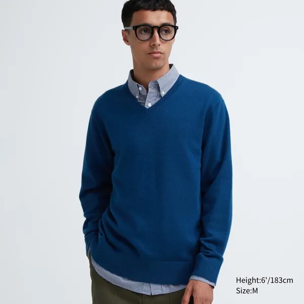 Джемпер Uniqlo мужской из кашемира с v-образным вырезом, синий