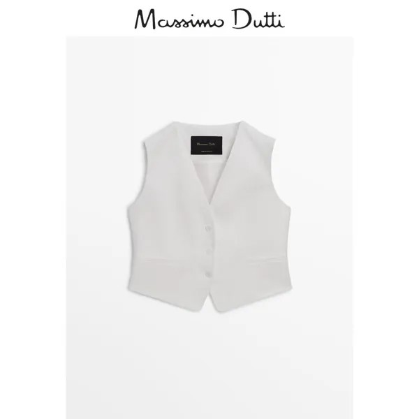 Летняя новинка Massimo Dutti 2024, женская одежда, легкая и изысканная, в стиле для работы на работе, элегантная белая короткая версия, жилет с V-образным вырезом 06048960250, цвет Белый