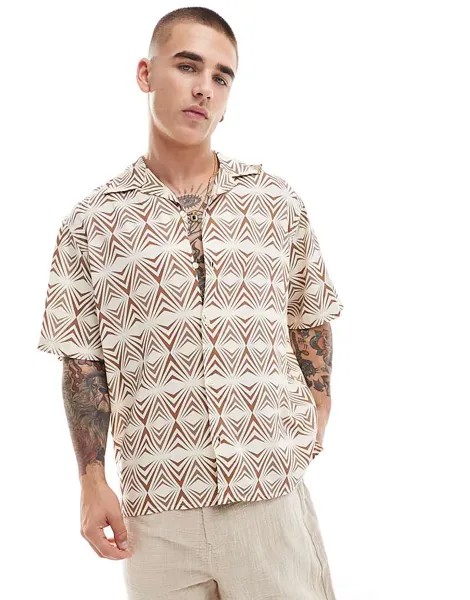Selected Homme – бежевая рубашка с короткими рукавами, геометрическим узором