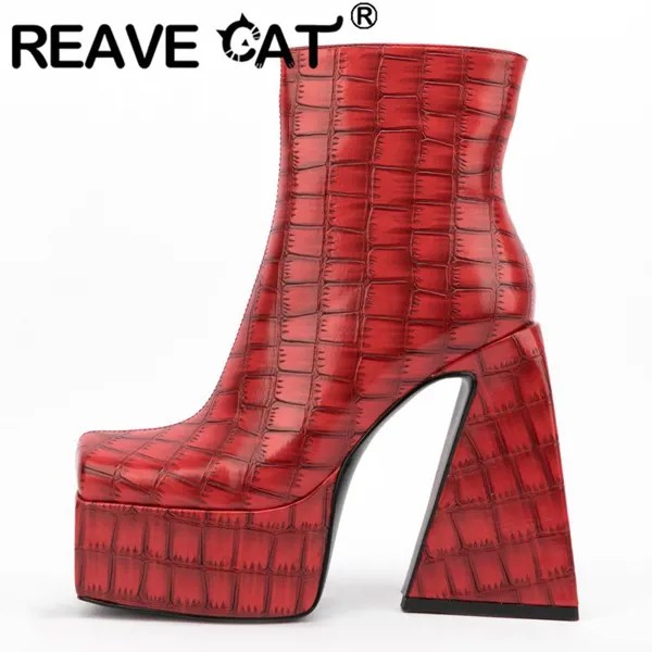 Женские ботинки на необычном каблуке REAVE CAT, однотонные праздничные ботинки в клетку на платформе 12,5 см с квадратным носком и молнией, больши...