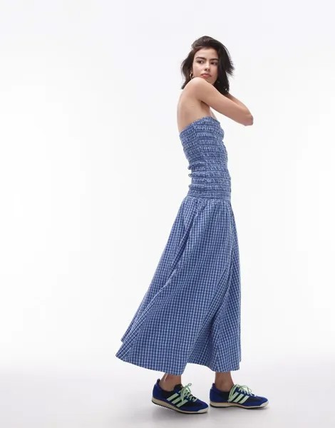 Голубое платье-бандо в клетку Topshop