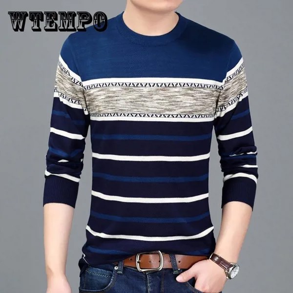 WTEMPO Мужской пуловер с длинными рукавами Теплый свитер Круглая шея Полосатый пуловер Мягкая и удобная рубашка