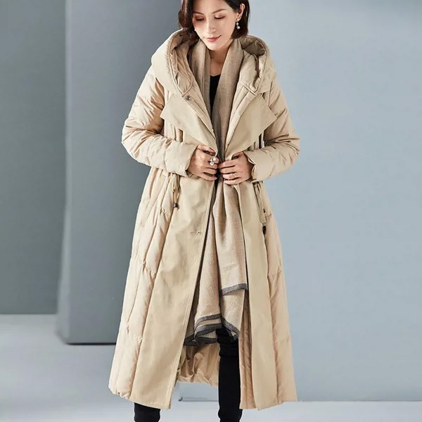 Длинный пуховик для женщин, зимнее новое облегающее пальто со вставками и высокой талией на шнуровке, модное женское темпераментное плотное пальто с капюшоном