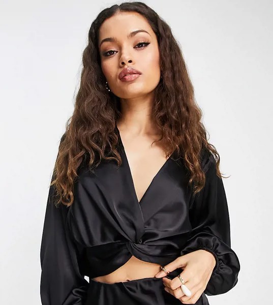 Черная атласная блузка с перекрученной отделкой спереди Miss Selfridge Petite-Черный