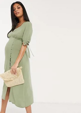 Чайное платье миди цвета хаки с V-образным вырезом и завязками на рукавах ASOS DESIGN Maternity-Зеленый
