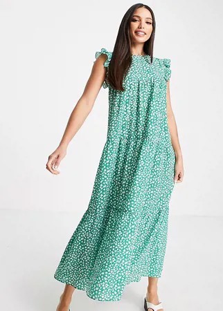 Зеленое ярусное платье миди без рукавов с оборками и цветочным принтом ASOS DESIGN Tall-Multi