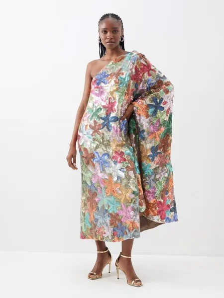 Платье миди из жоржета с цветочными пайетками на одно плечо Ashish, мультиколор