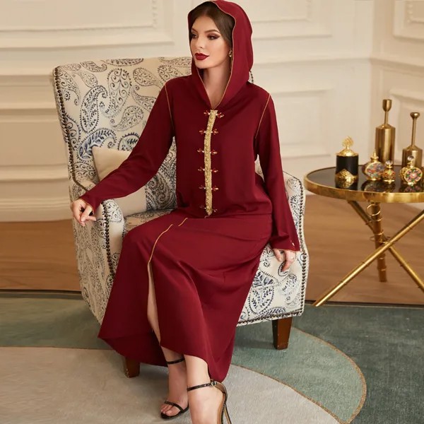 2021 Новый мусульманский Для женщин носить с темно-красного и золотого полями ручной работы с кепка со стразами и Абая мусульманское платье и...