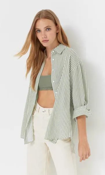 Stradivarius Повседневная Рубашка С Отделкой В Стиле Рустик Хаки Xl