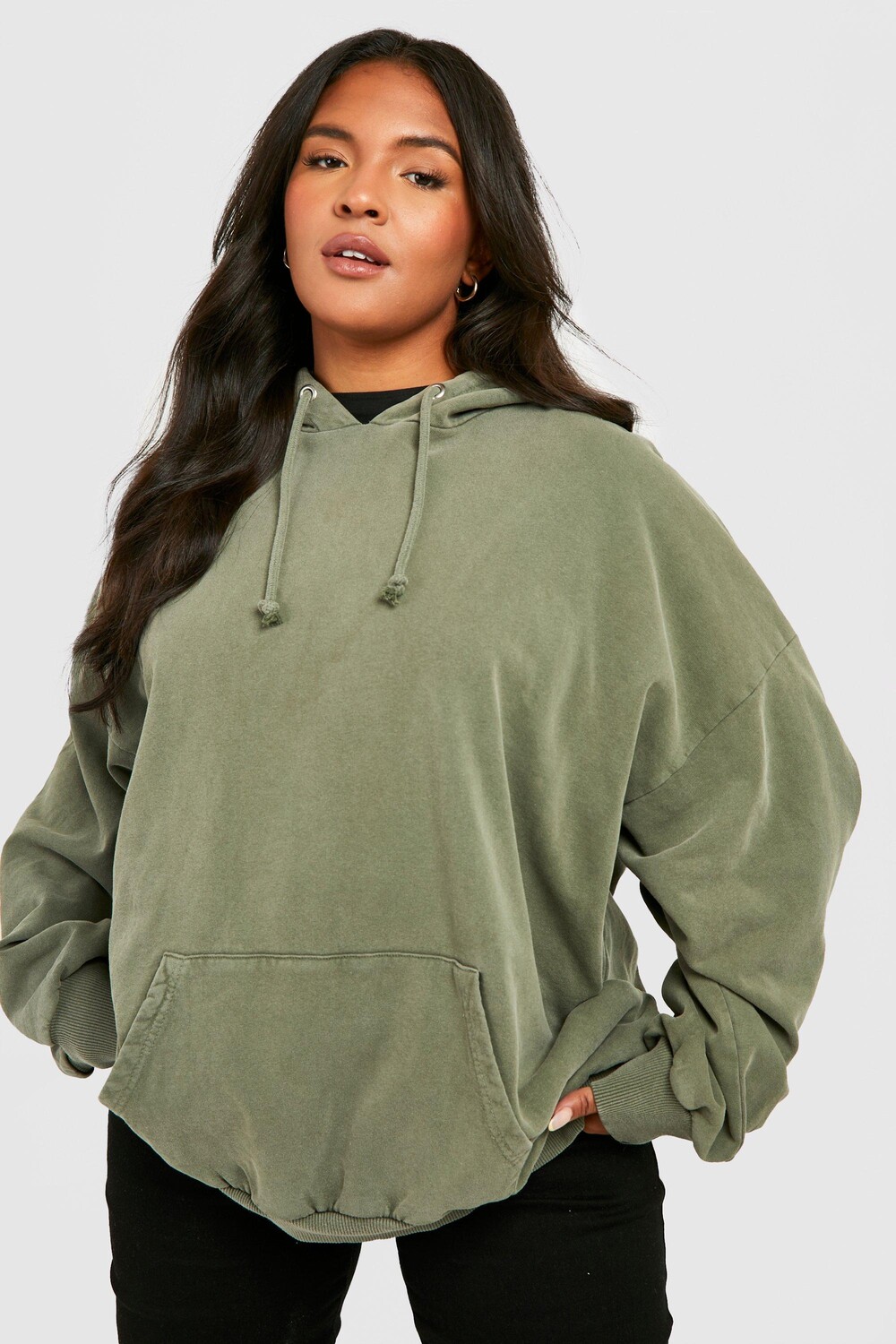 Худи oversize plus overdye basic Boohoo, хаки