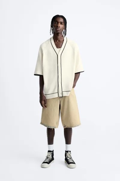 Текстурированный контрастный кардиган ZARA, экру