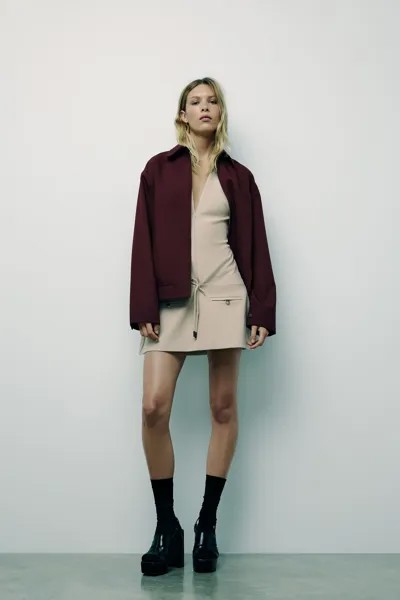 Платье с комбинированной полосой и ребристой платьем-халтер ZARA, цвет bone