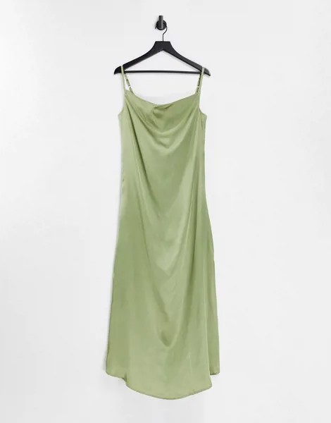 Атласное платье макси шалфейно-зеленого цвета на бретелях AX Paris-Зеленый цвет
