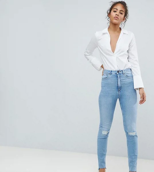 Светлые джинсы в винтажном стиле с завышенной талией и рваными коленями ASOS DESIGN Tall Farleigh-Голубой