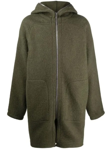Rick Owens шерстяное пальто на молнии с капюшоном, зеленый