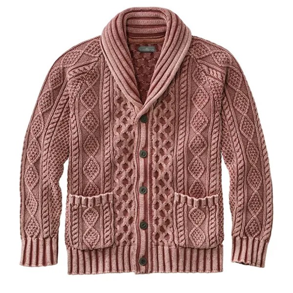 Розовый мужской кардиган с отложным воротником потертый винтажный цветной блок хлопок теплый свитер кардиган